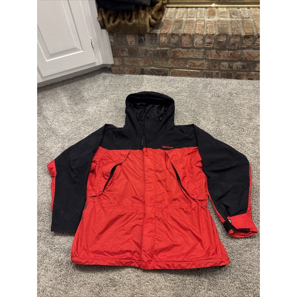 Men's Marmot Gore- Tex Red Black Full Zip Up Hooded Jacket Size Large Shell READ